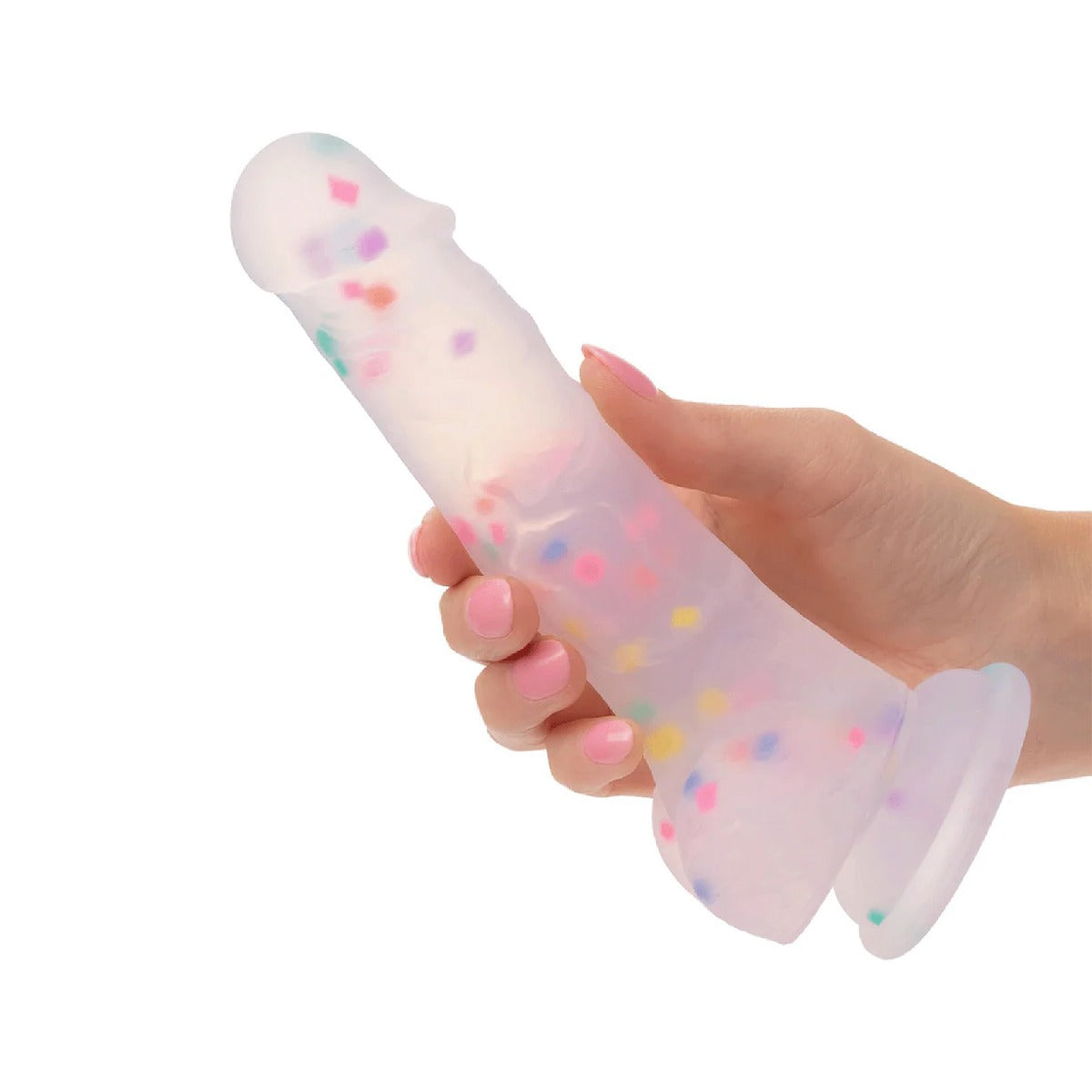 6" Party Boy Silicone Studs Dong with Suction Cup held by a hand on a white background