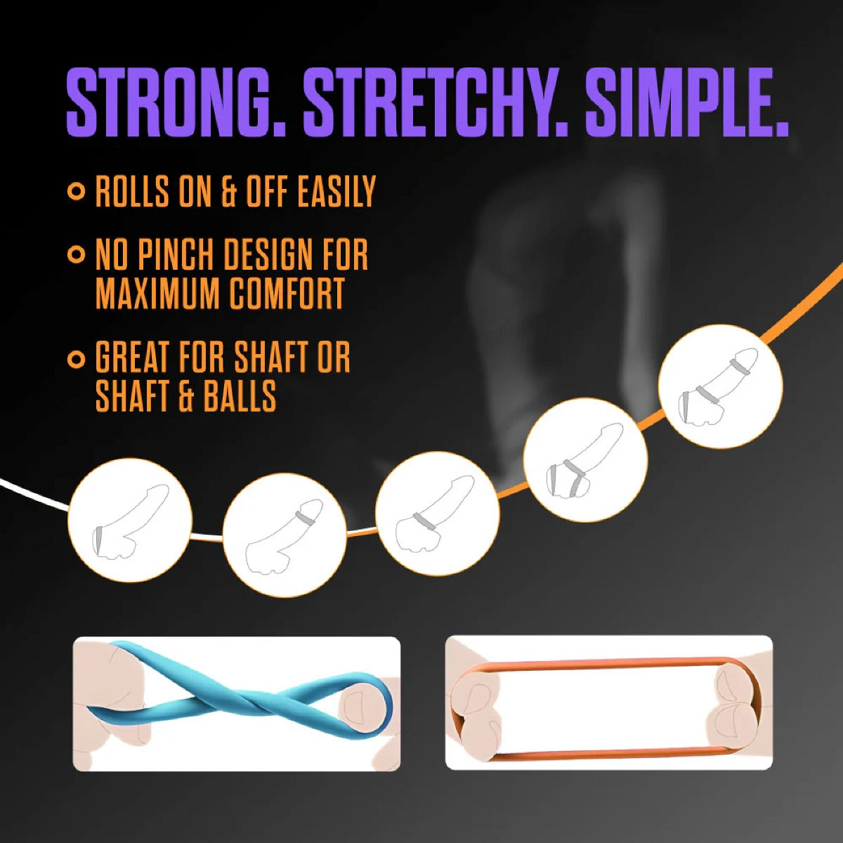 Product advertisement with text 'Strong. Stretchy. Simple.' and illustrations of a cock ring on a dark background.