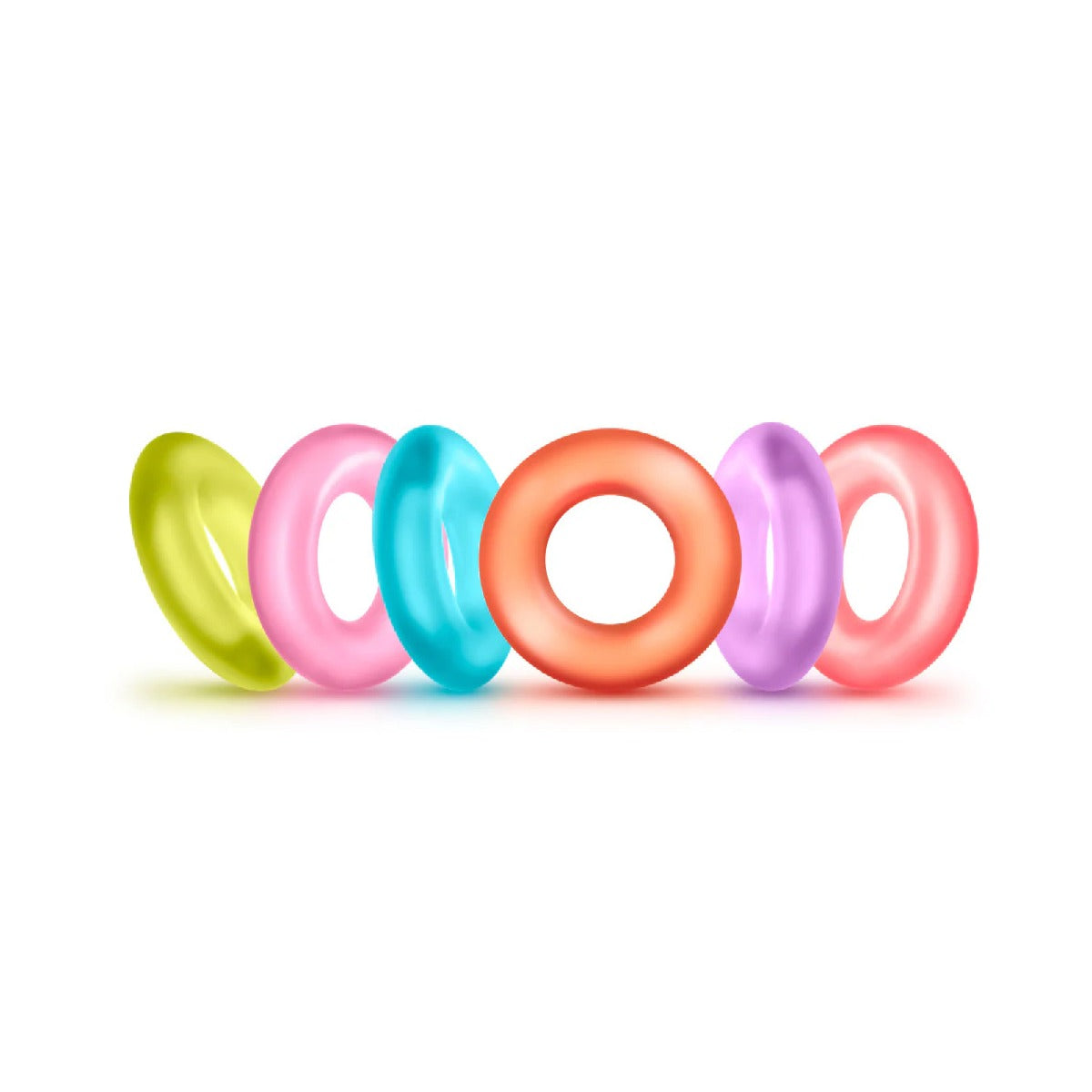 Set of colorful elastomer cock rings on a white background