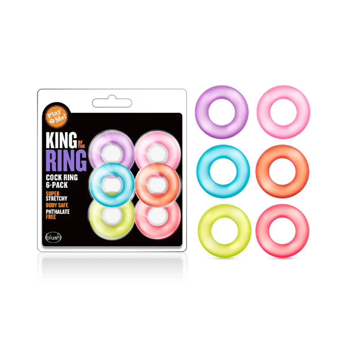 Packaged set of colorful King of the Ring cock rings with packaging on a white background