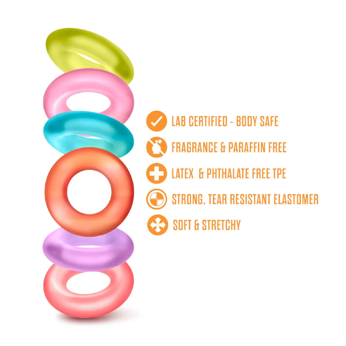 Colorful cock ring with safety features listed on a white background