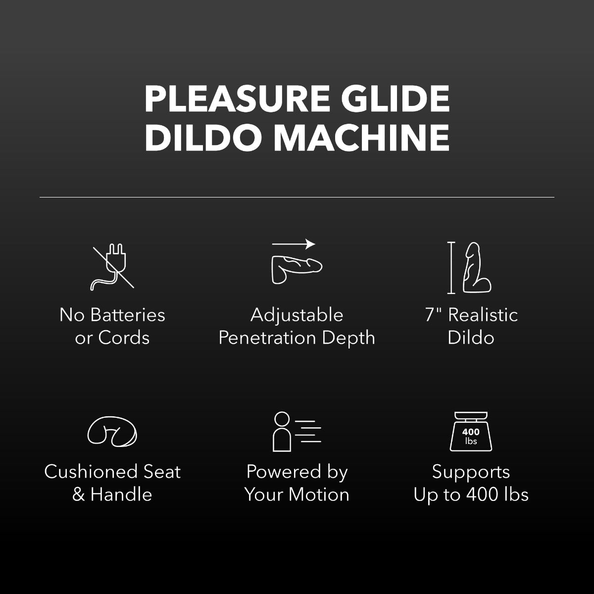 Product features of a 'Pleasure Glide Dildo Machine' on a black background.