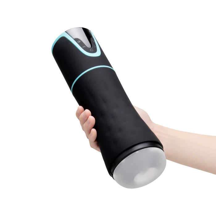 Hand holding the Rechargeable Suction Masturbator with a light on a white background