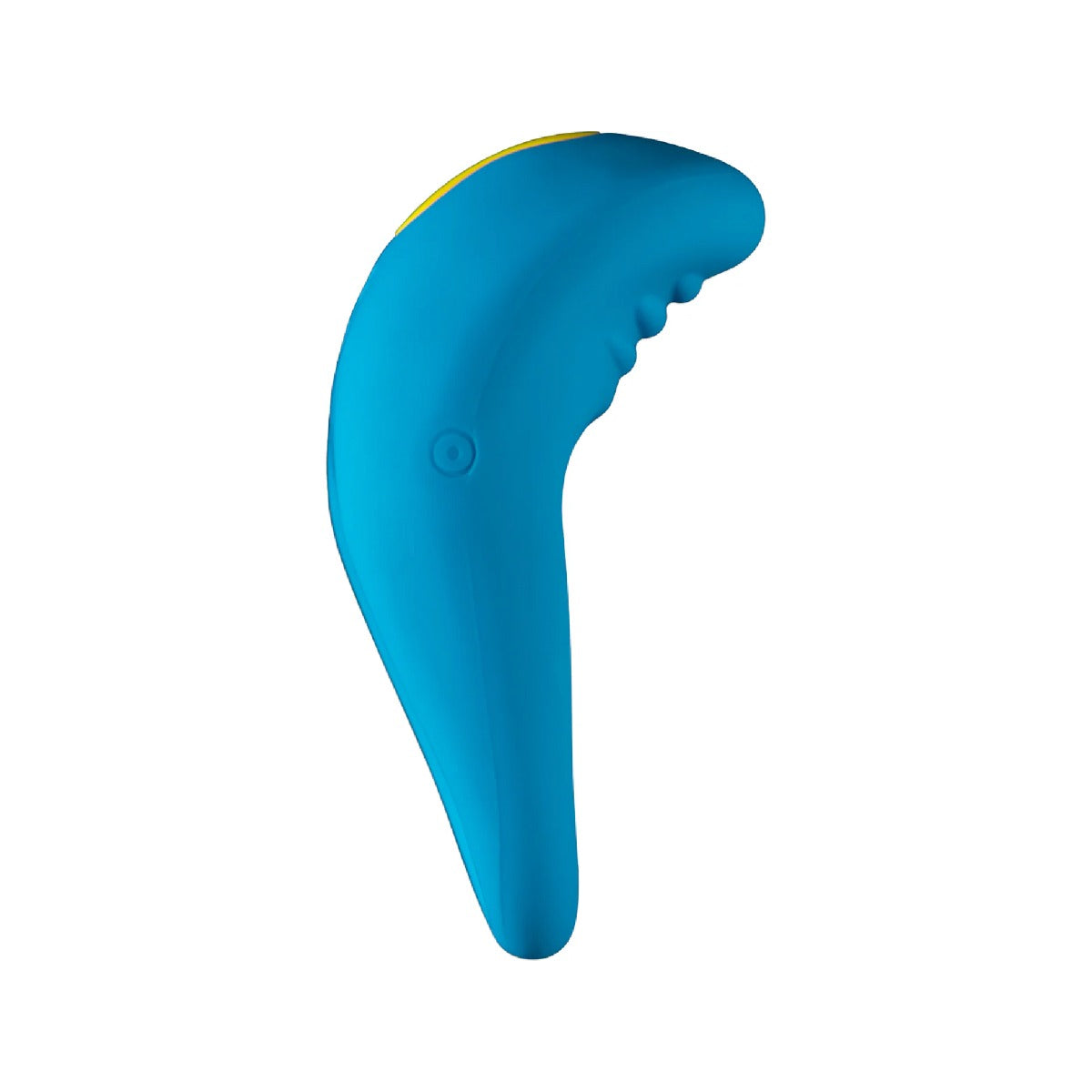 Blue curved ROMP Juke Rechargeable Silicone Cock Ring on a white background