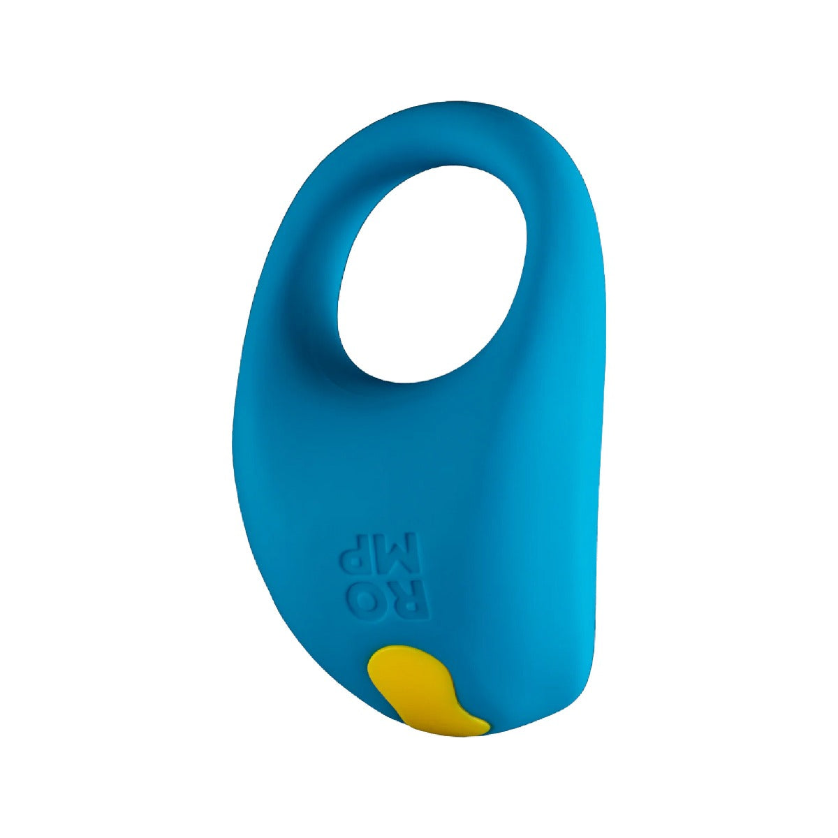 Blue ROMP Juke Rechargeable Silicone Cock Ringwith a yellow accent on a white background