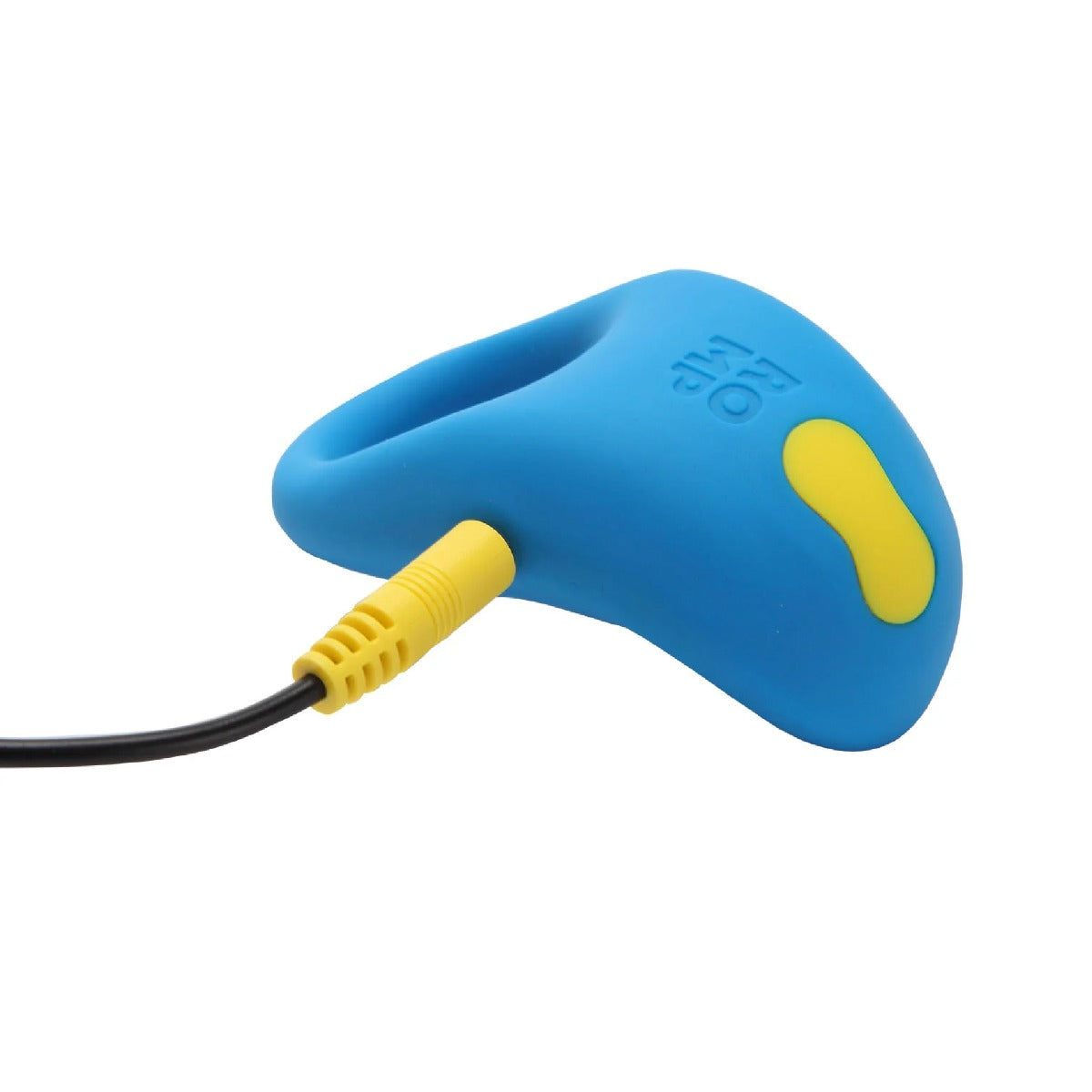 Blue and yellow ROMP Juke Rechargeable Silicone Cock Ring with a black cable on a white background
