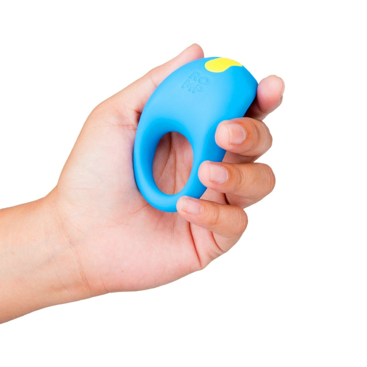 Blue and yellow device with 'ROMP' branding on a white background