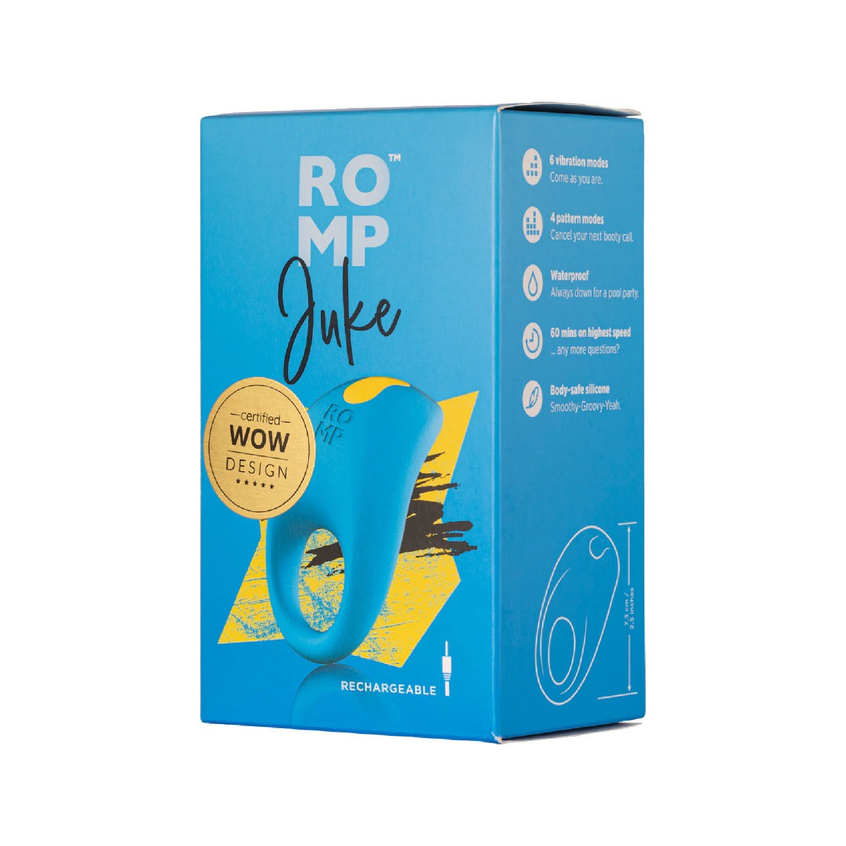Blue packaging of ROMP Juke Rechargeable Silicone Cock Ring with 'ROMP' branding on a white background