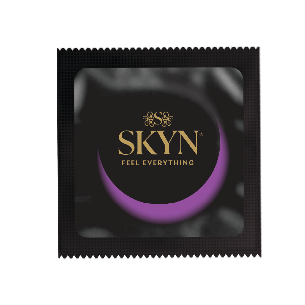 SKYN condom packaging with brand logo and tagline "Feel Everything" on a white background
