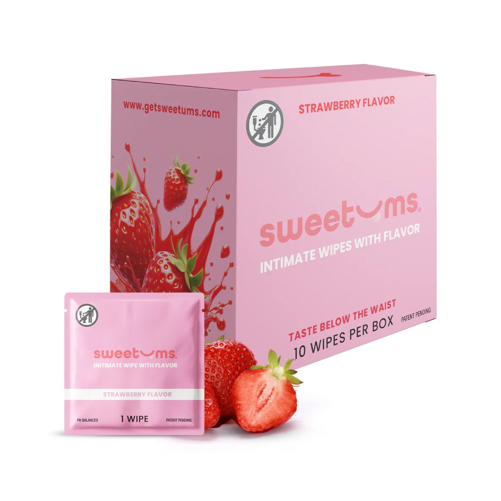 Sweetums Strawberry Flavored pH-Balanced Intimate Wipes 10-pack box with individual foil packets