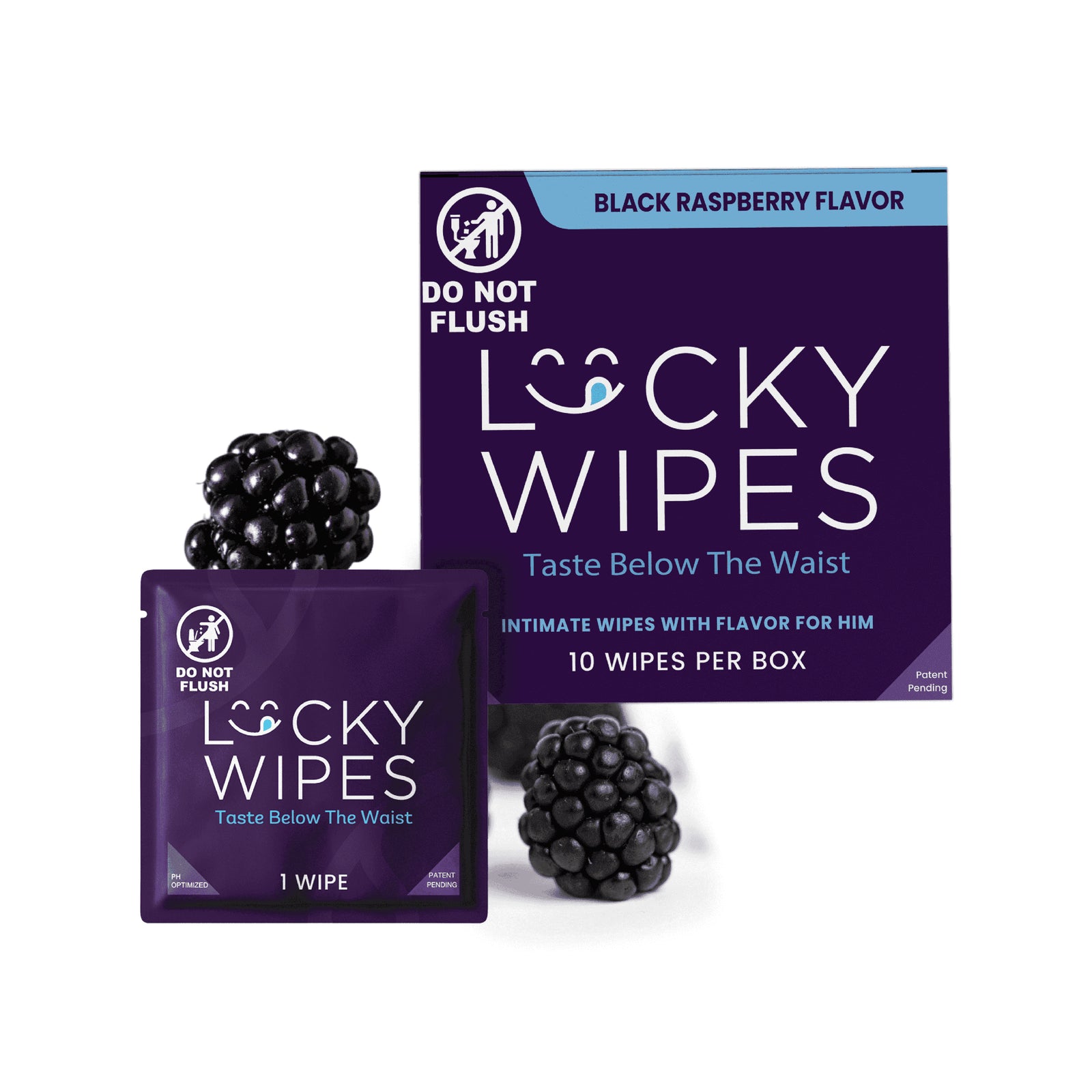 Sweetums Black Raspberry Flavored pH-Balanced Intimate Lucky Wipes for Him box with individual foil packets
