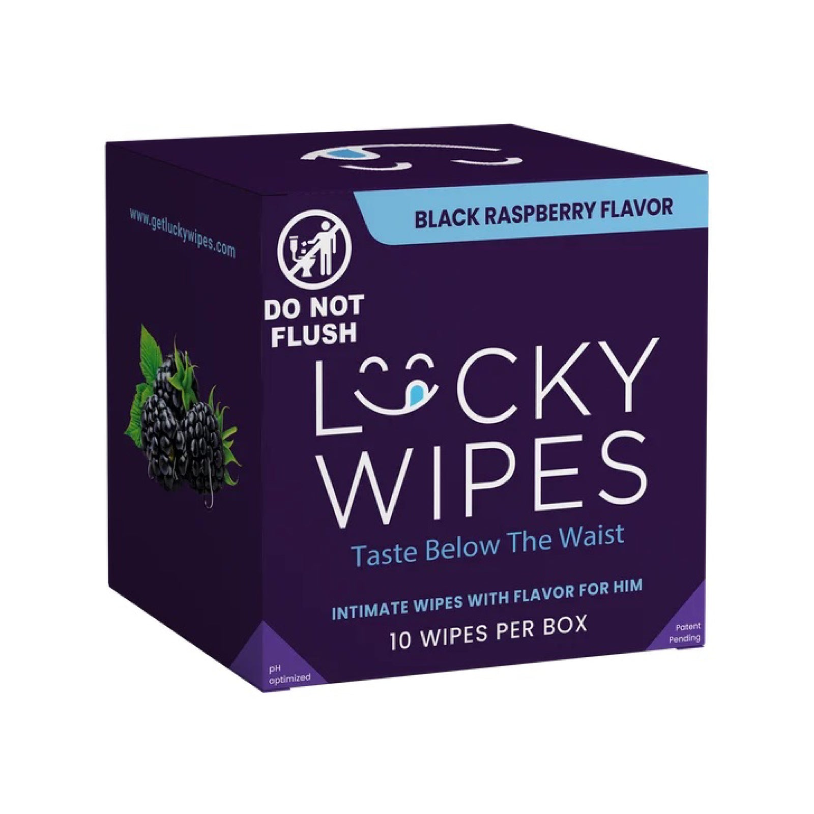 Sweetums Black Raspberry Flavored pH-Balanced Intimate Lucky Wipes for Him box with individual foil packets