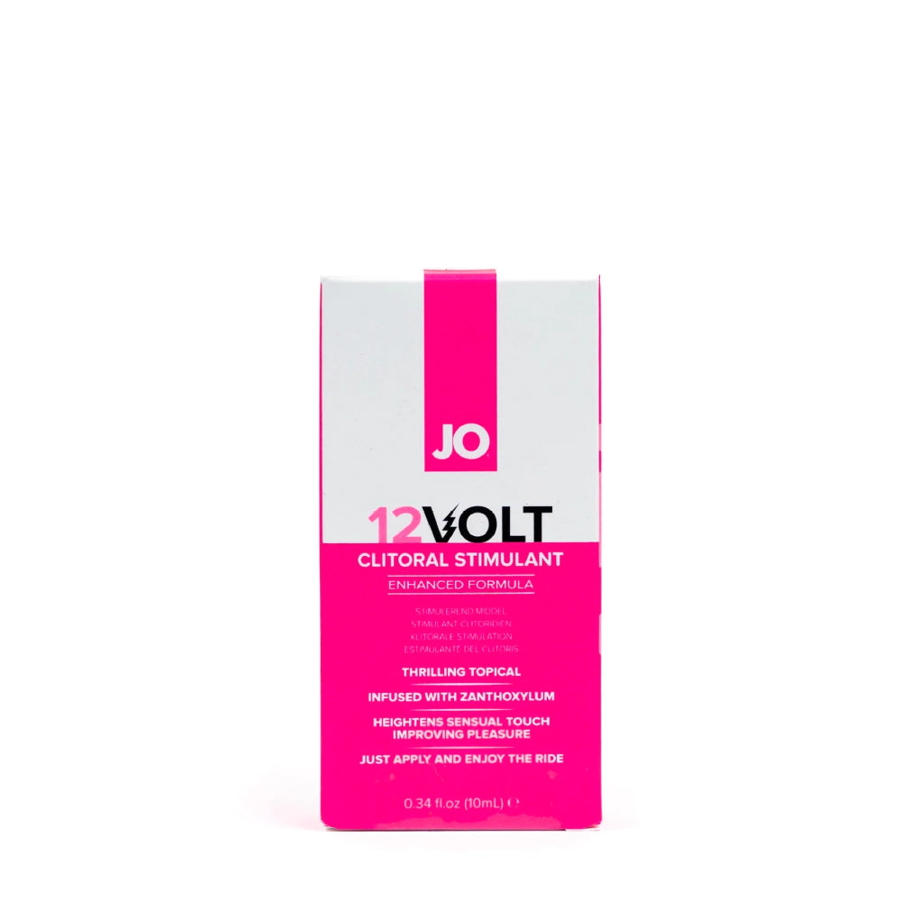 Pink and white packaging of a clitoral stimulant with 'JO 12 Volt' branding on a white background