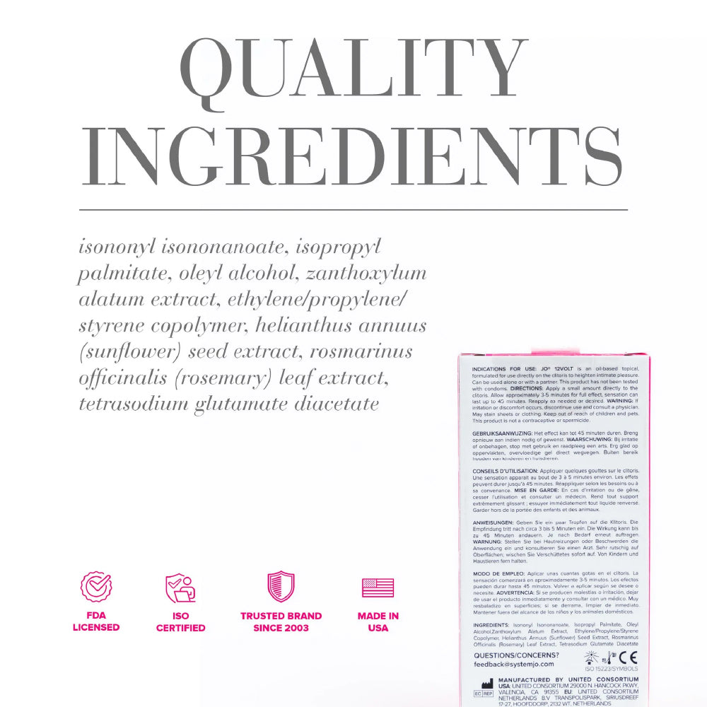 Product label with 'Quality Ingredients' text and a list of ingredients 'isononyl isononanoate, isopropyl palmitate, oleyl alcohol, zanthoxylum alatum extract, ethylene/propylene/styrene copolymer, helianthus annuus (sunflower) seed extract, rosmarinus officinalis (rosemary) leaf extract, tetrasodium glutamate diacetate' on a white background.