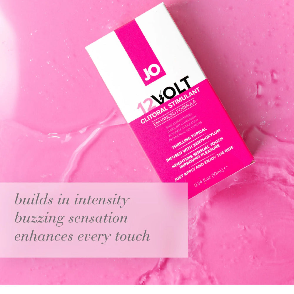 JO 12 Volt clitoral stimulant packaging with text 'builds in intensity buzzing sensation enhances every touch' on a pink background