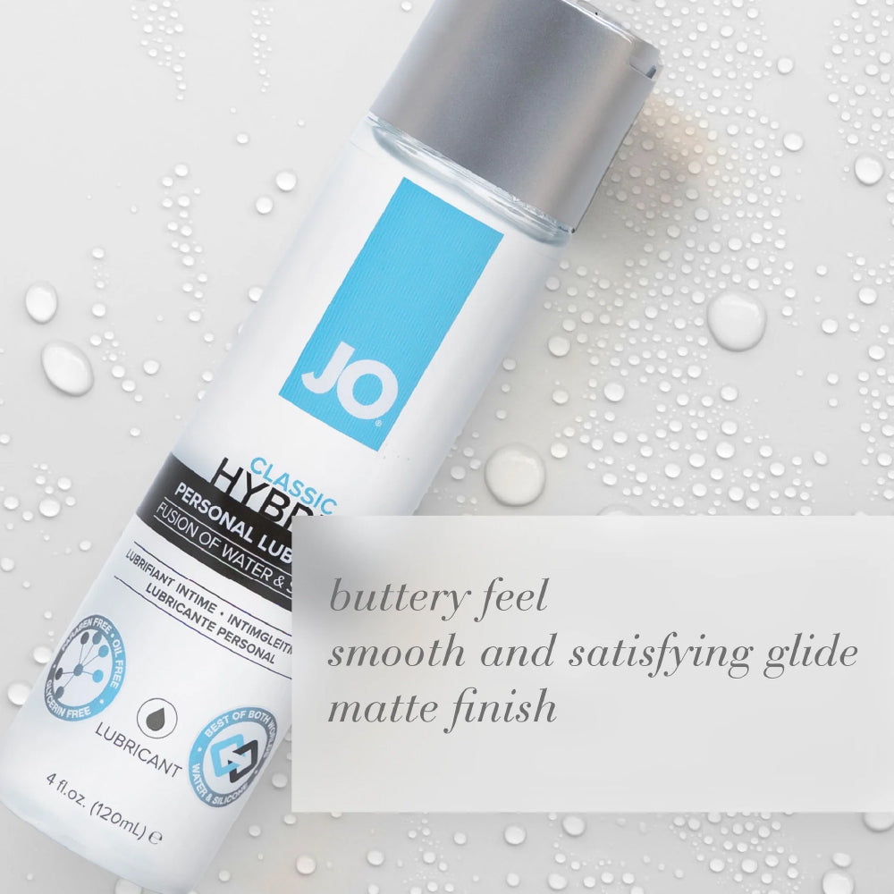 JO personal lubricant bottle with product description on a textured background