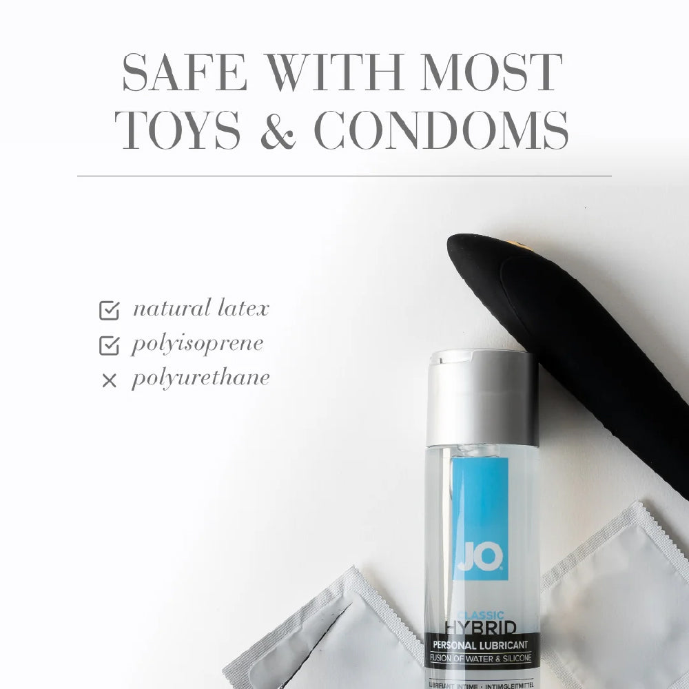 Hybrid personal lubricant bottle with packaging on a white background, featuring text about safety with toys and condoms.