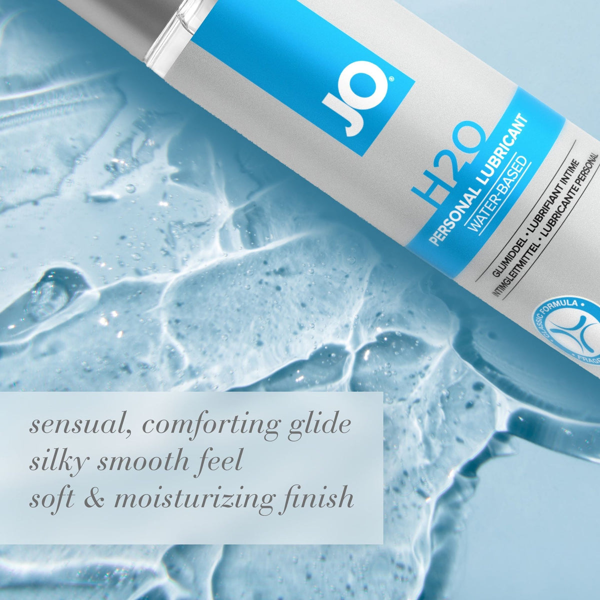 JO H2O personal lubricant bottle with "SENSUAL, COMFORTING GLIDE SILKY SMOOTH FEEL SOFT & MOISTURIZING FINISH" on a blue textured background