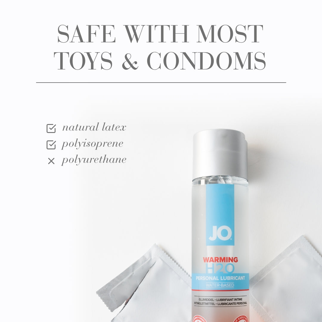 JO personal lubricant bottle with text about safety with toys and condoms on a white background