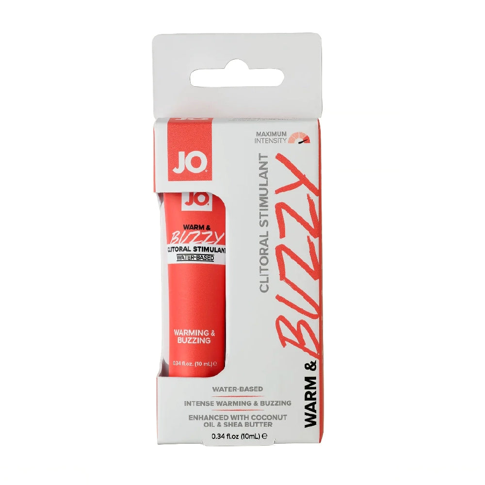 Packaged product labeled 'JO Buzzy Warm & Buzzy' on a white background