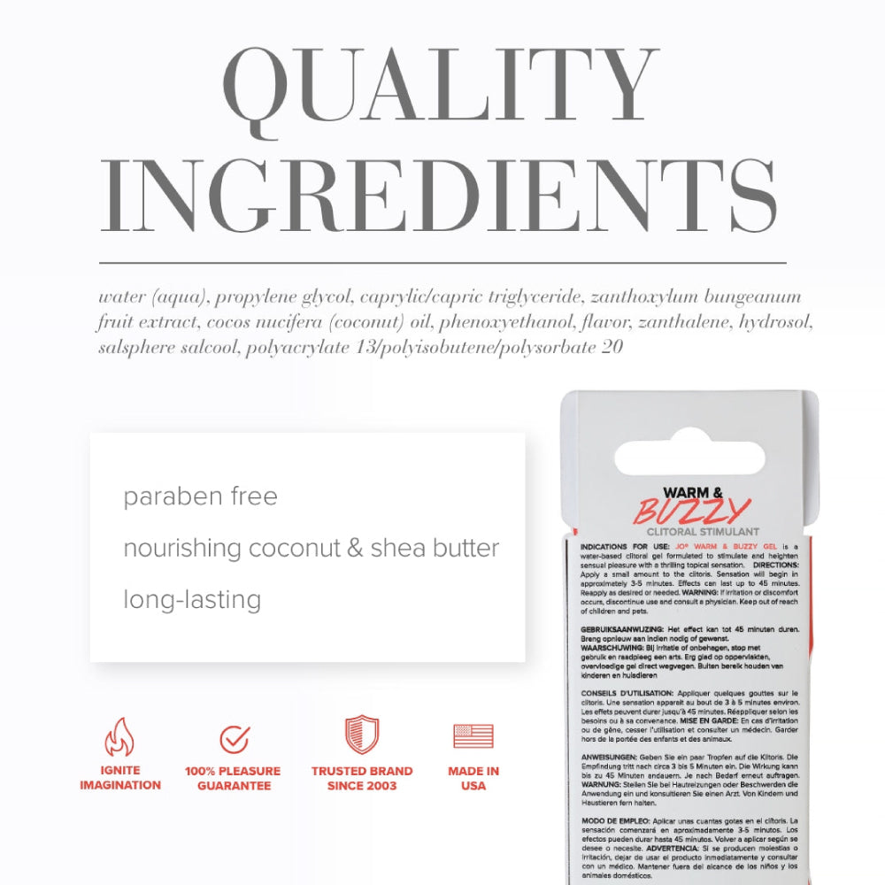 Packaged product labeled 'JO Buzzy Warm & Buzzy' on a white background
