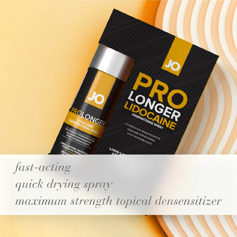 JO Pro Longer Lidocaine spray packaging on a yellow background
