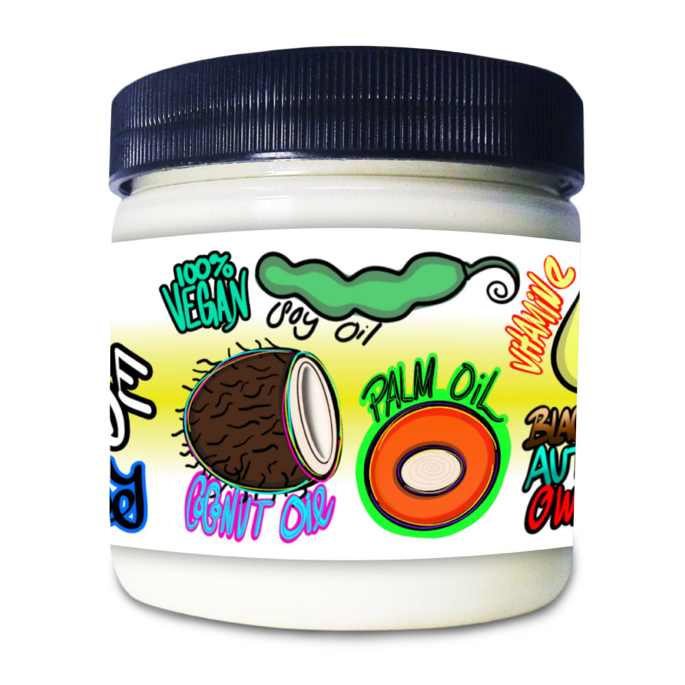 Side view of The Butters Palm Grease Extra Greasy Jar with colorful label featuring illustrations and text on a white background