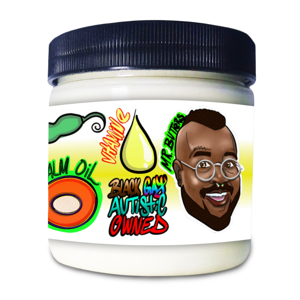 The Butters Palm Grease Extra Greasy Unscented Lube
Jar with colorful label featuring a face and text on a white background