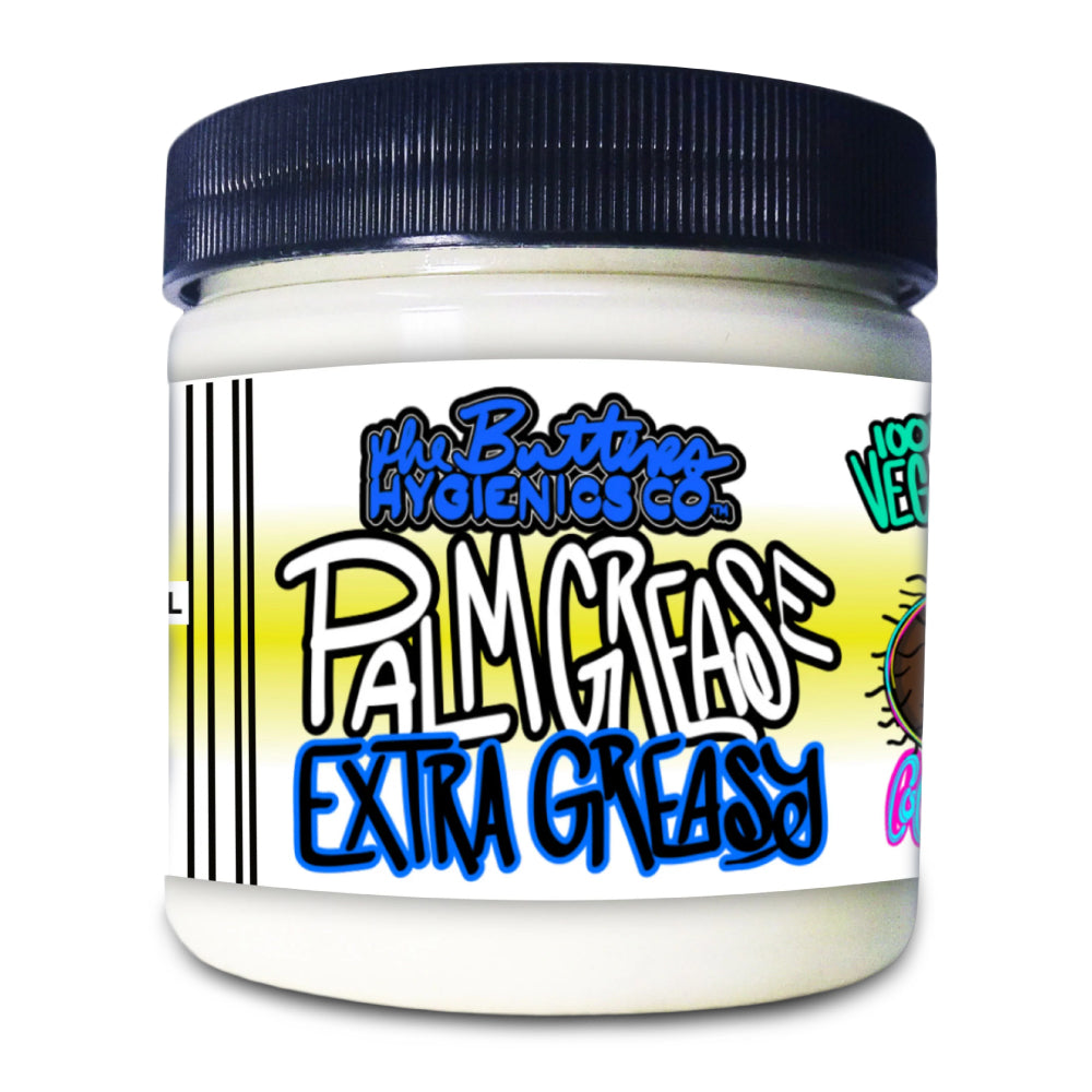 Jar of palm grease extra greasy with a colorful label on a white background
