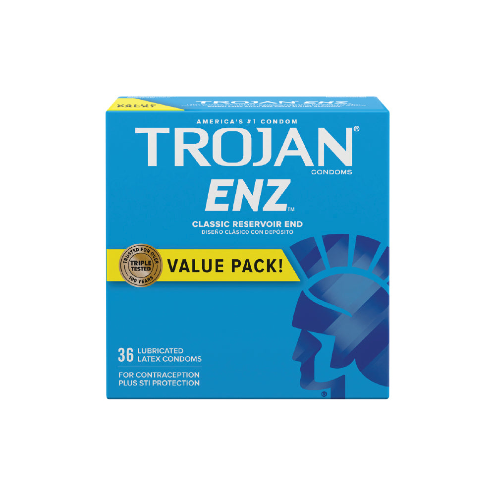 Box of Trojan ENZ condoms with blue and yellow design on a white background