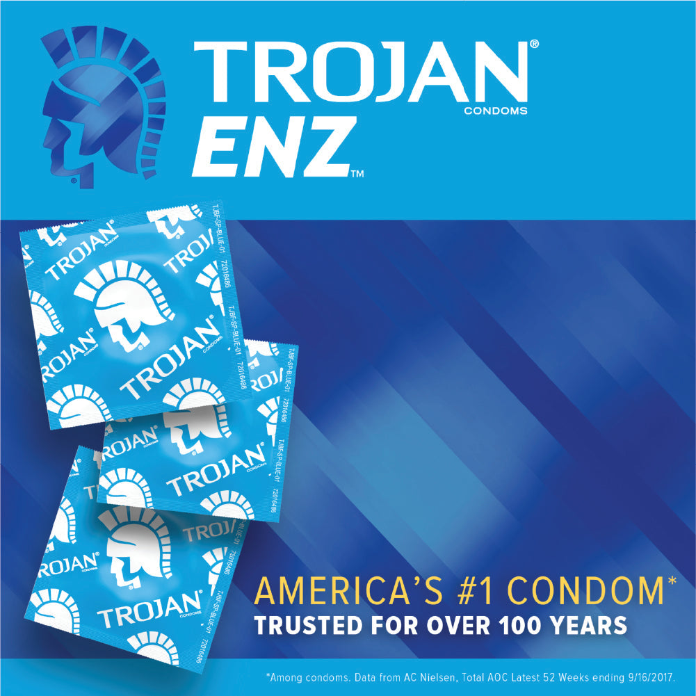 Trojan ENZ condoms packaging on a blue background with Trojan logo.