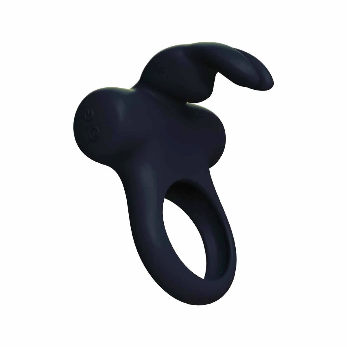 VeDO Frisky Bunny Rechargeable Silicone Vibrating Cock Ring with a curved design on a white background
