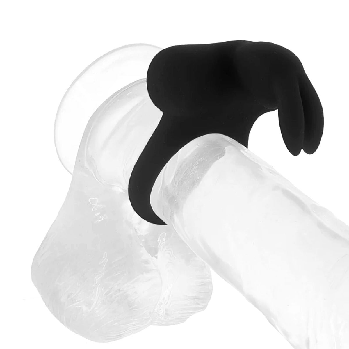 VeDO Frisky Bunny Rechargeable Silicone Vibrating Cock Ring on a clear dildo