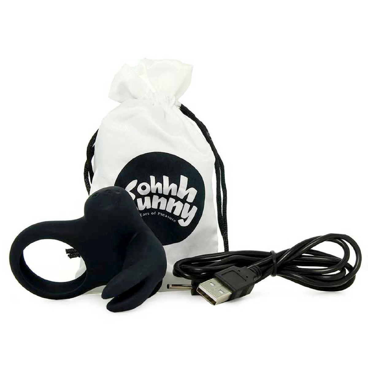 VeDO Frisky Bunny Rechargeable Silicone Vibrating Cock Ring with USB cable and white drawstring bag on a white background