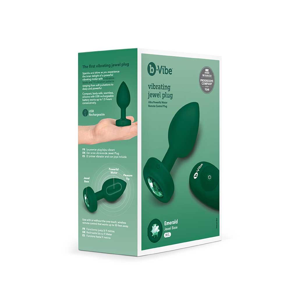 Packaging of the b-Vibe Vibrating Jewel Plug M/L Emerald Green - The Cowgirl Sex Machine